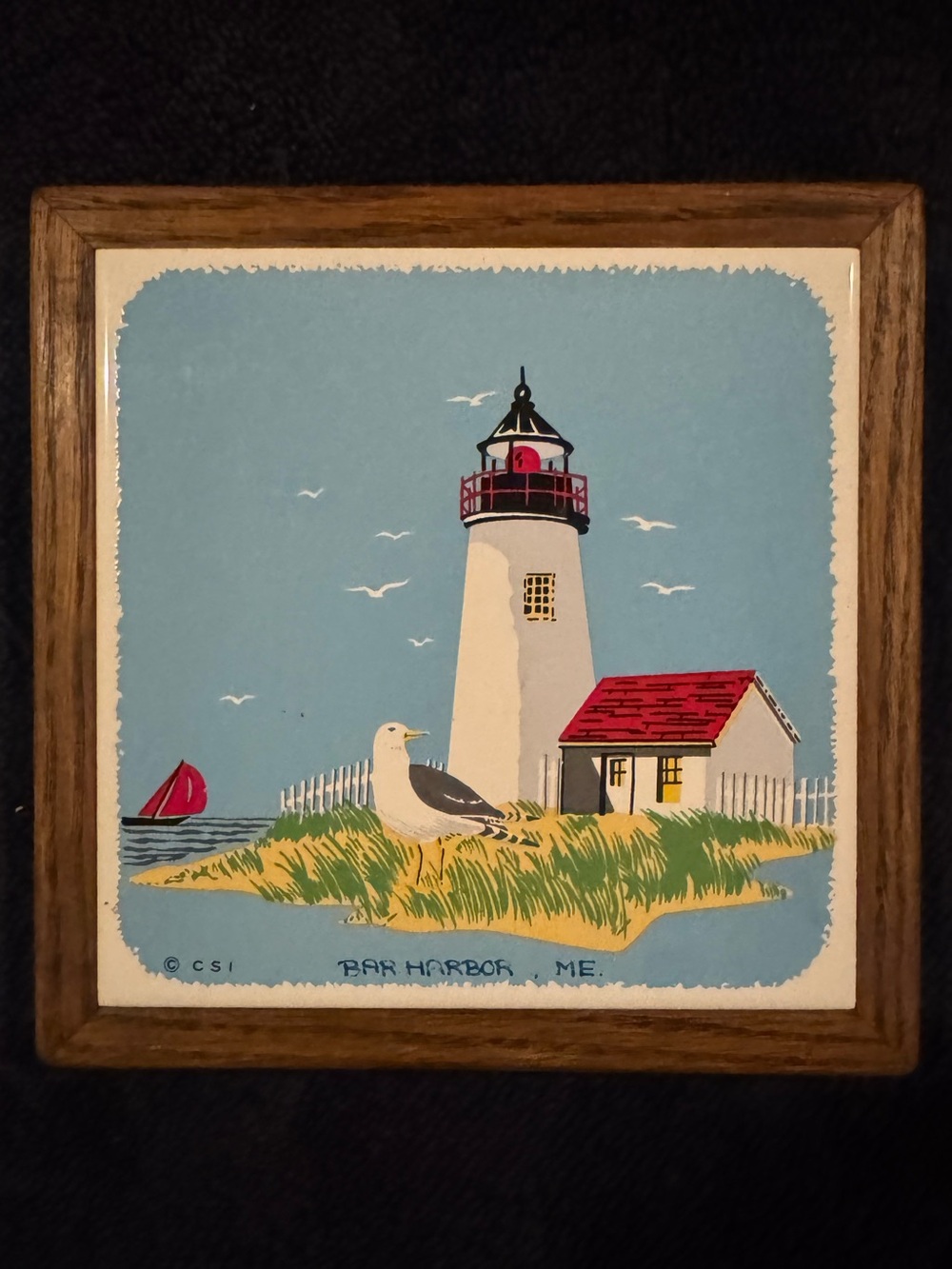 Bar Harbor Lighthouse Wall Art - Blue & Red Framed Print